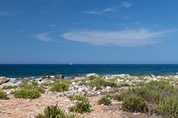 Rocky plateau near the coast of Malta with blue sky and water. Ideal for landscape photography collections or tourism campaigns.