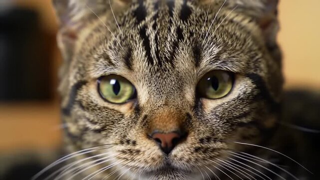 A close-up portrait shows a tabby's face. Green eyes shine, whiskers extend, fur displays patterns