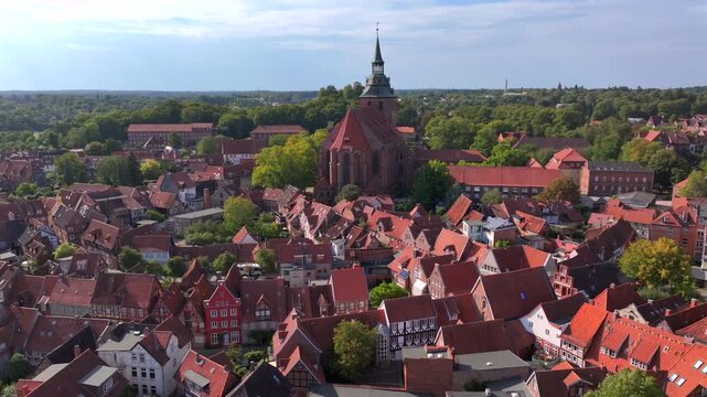 Luneburg, the German medieval town on SUnny day, Aerial shot. Northern Fachwerk and Brick Facades in Lueneburg, Germany.