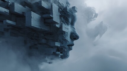floating head structure dissolving into abstract 3D shapes and mist, moody blue-gray palette, soft fog atmosphere, conceptual fine art style, 