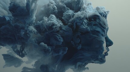 floating head structure dissolving into abstract 3D shapes and mist, moody blue-gray palette, soft fog atmosphere, conceptual fine art style, 