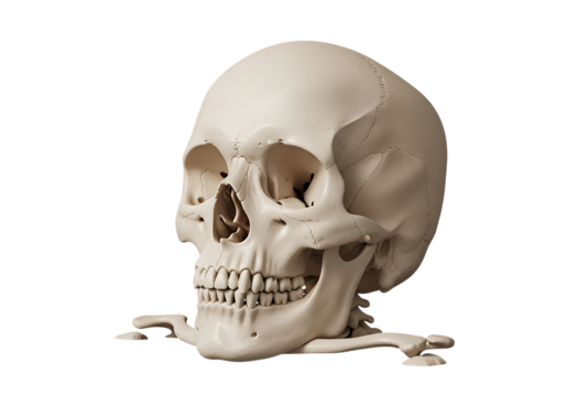 Detailed human skull model with clavicle bones, medical study. isolated on transparent background