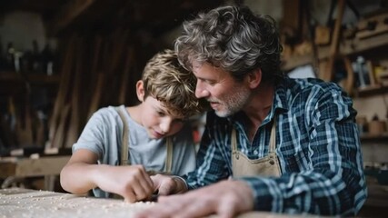 Father and son working together in a rustic workshop, bonding over woodworking, family craftsmanship in a cozy setting, Fathers Day theme, European descent