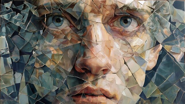 surreal human face reconstructed from shattered mirror pieces, reflections distorted, symbol of mental disconnection and self-loss, fine art realism, 
