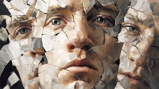 surreal human face reconstructed from shattered mirror pieces, reflections distorted, symbol of mental disconnection and self-loss, fine art realism, 