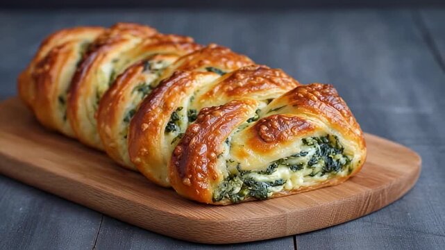Golden-brown pastry with spinach filling, rustic wooden background enhancing a cozy feel, perfect for brunch or festive gatherings