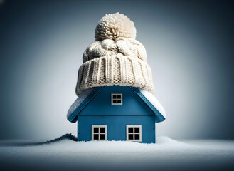 Cozy home wearing a winter hat, symbolizing warmth in cold climate