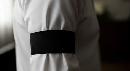 Mourning attire with black armband worn on white shirt, symbolizing respect and remembrance for lost loved ones. Mourning concept represented by black armband and formal attire for memorial events.
