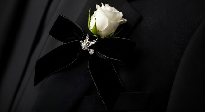 Elegant white rose boutonniere with black ribbon on formal suit, showcasing refined style for special occasions. This boutonniere adds sophistication to formal attire for weddings or events. - Powered by Adobe
