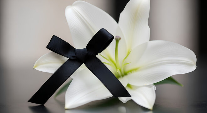 White lily flower with black ribbon for memorial tribute. Fresh white lily symbolizes purity and peace in remembrance. Elegant floral arrangement used for memorial services and tributes.