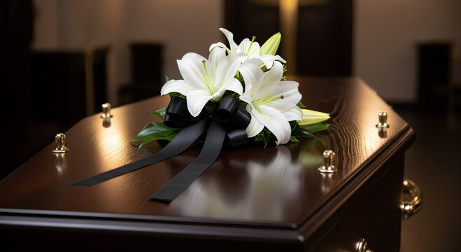Elegant funeral arrangement with white lilies and black ribbon on wooden casket. Tribute flowers include fresh lilies and greenery, symbolizing peace and remembrance.