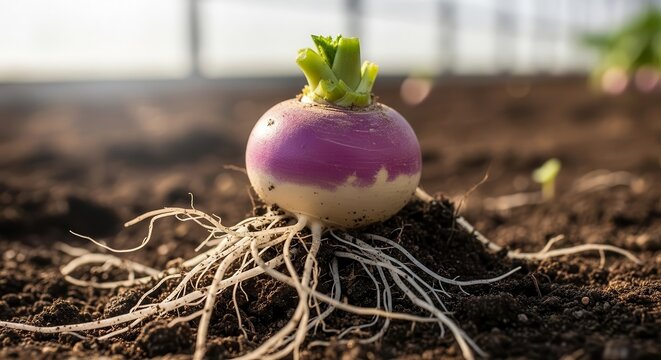 Vibrant Turnip Emerging From Earth: A Fresh And Colorful Culinary Delight