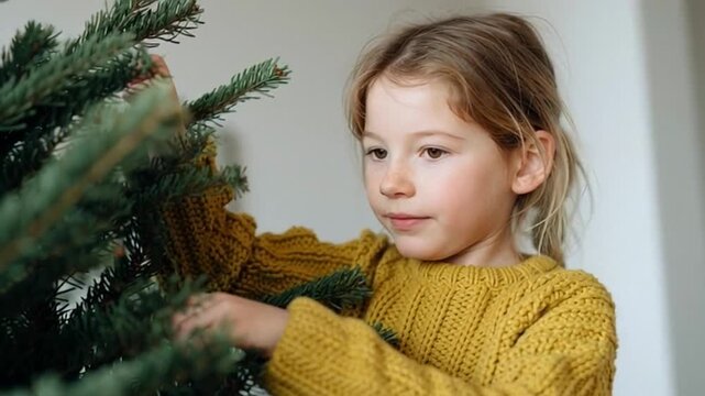 Young Caucasian girl decorates a Christmas tree, cozy holiday spirit fills the room, evergreen branches complement her warm, knitted sweater