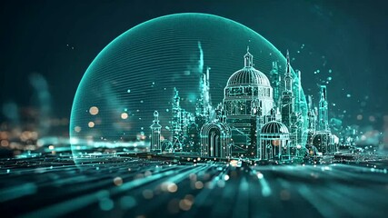 Digital wireframe city skyline under a glowing data sphere, futuristic urban landscape - Powered by Adobe