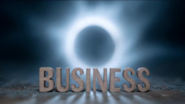 Bold 3D letters spell business against a futuristic eclipse, conveying innovation and strategy, evokes a sense of mystery and potential during a solar phenomenon