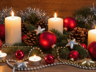 Christmas still life with candles, pine cones, ornaments, and garlands on a wooden table, cozy warm lighting, no people