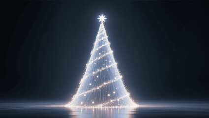 Magical glowing Christmas tree made of light particles on dark background, minimalistic design