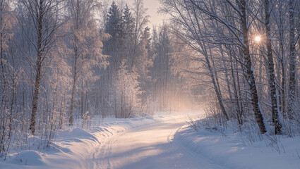 Frosty forest path with sparkling snowflakes and morning sunlight, soft colors, dreamy atmosphere, photorealistic