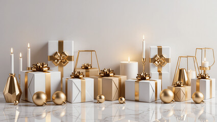 Luxury Christmas presents on marble surface with gold ornaments, elegant and modern style, soft lighting