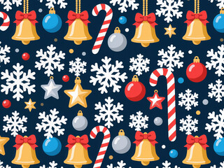 Seamless Christmas pattern with snowflakes, candy canes, bells, and ornaments, vector illustration, flat design, no background