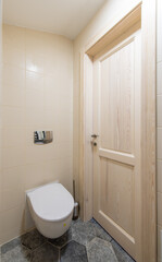 Compact Modern Home Bathroom Interior with Ceramic Wall Tiles and Wooden Door