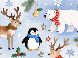 Cute watercolor Christmas animals — reindeer, penguin, polar bear with scarves, winter elements, seamless pattern, no humans