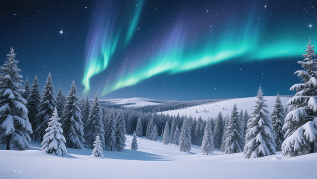 Northern lights over a snowy forest, stars in the sky, peaceful winter night, highly detailed digital art, no people