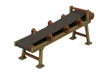 Conveyor belt machine transporting goods in an industrial factory setting, representing production, automation, and logistics on transparent background