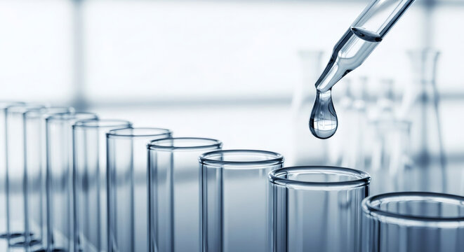 Precise liquid drop falling from pipette into laboratory test tubes, science research concept.