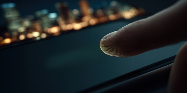 Touching a smartphone screen while viewing a city skyline at night
