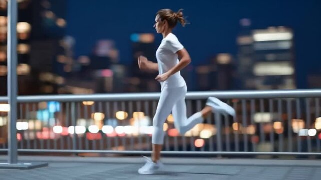 Woman jogging at night, urban fitness routine, cityscape lights create dynamic backdrop, healthy lifestyle focus, energetic and inspiring vibe