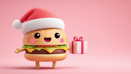 Happy smiling 3d cartoon hamburger wearing a santa  claus hat and holding a christmas gift box on a pink background, funny xmas present delivery
