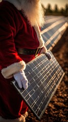 Santa Claus Holding a Solar Panel in a Field