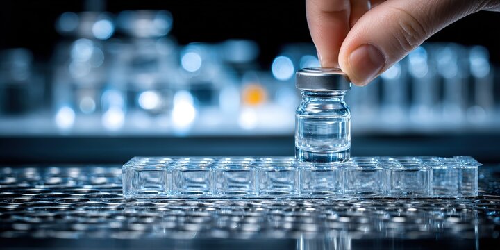 Lab technician handles vial in a research laboratory setting focused on chemical analysis and experimentation - Powered by Adobe