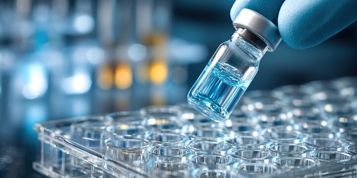 Laboratory technician handling a vial of blue liquid over a tray of test tubes during a scientific experiment