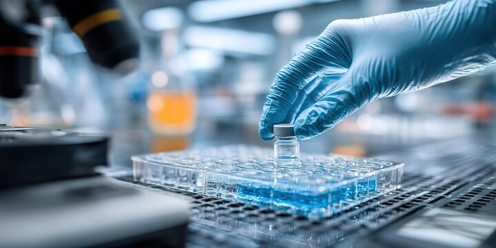 Lab technician placing a vial into a microplate during scientific research in a modern laboratory setting