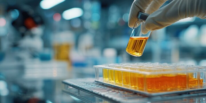 Scientist conducts experiment with orange liquid in test tubes in laboratory during daytime