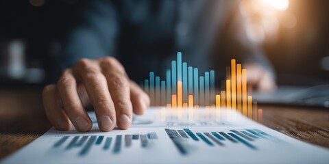 Hands analyzing data trends with graphs and charts in an office setting during daytime
