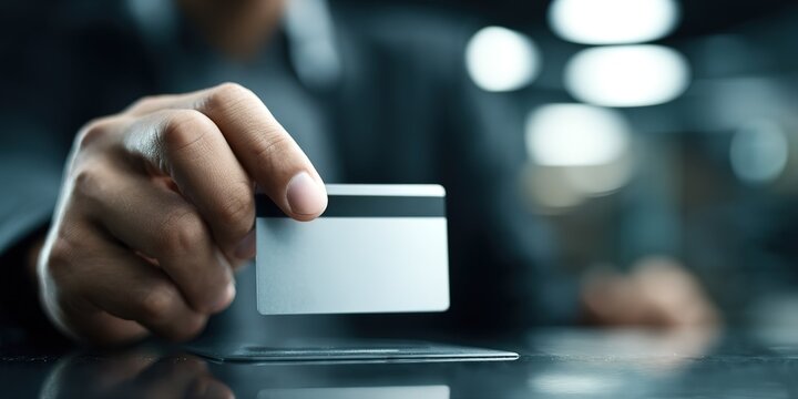 Person handling a payment card in a modern retail setting during daytime