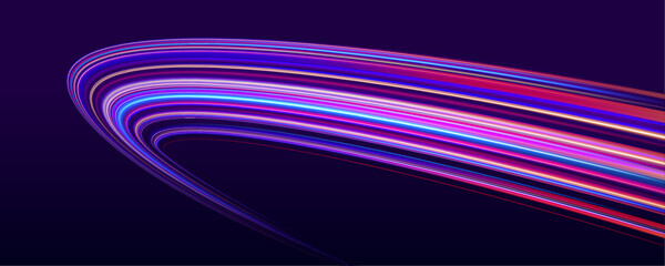 A stream of neon motion glides through a deep purple void. The lines intertwine, glowing with cybernetic power. Energy flows like data through a virtual highway.