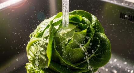 Washing Fresh Lettuce Head With Water Under Clean Kitchen Sink With Splashes And Details
