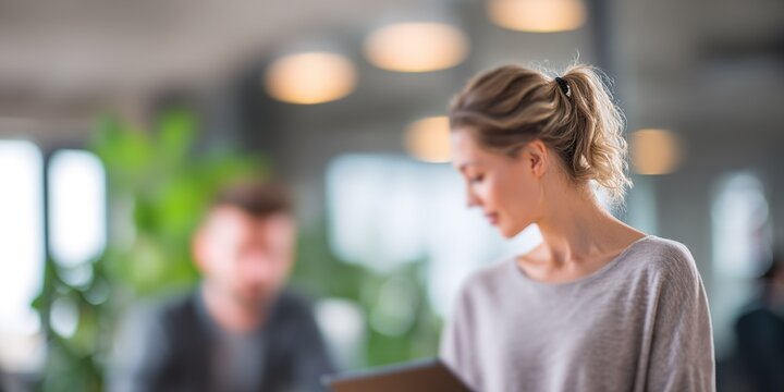 Young woman engaged in work task in a modern office setting with natural light and greenery