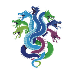 Fototapeta premium Unleash your creative power with this striking seven-headed Hydra illustration, perfect for fantasy games, book covers, and mythical designs that captivate and inspire