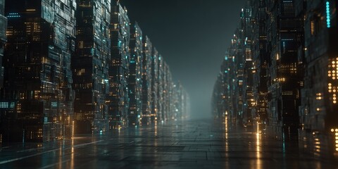 Vast futuristic data center with glowing servers and illuminated pathways in a digital landscape