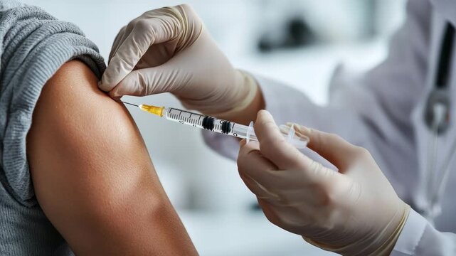 Doctor Administering Vaccine Injection to Patient's Arm in Clinic Setting, Immunization and Healthcare Concept, Close-Up View of Syringe and Needle
