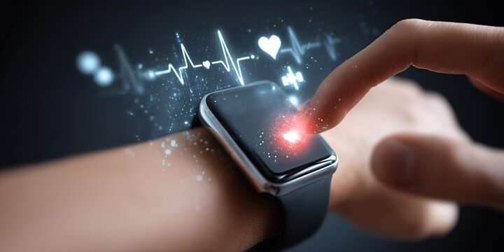 Smartwatch displays heart rate data while user checks health metrics with fingertip