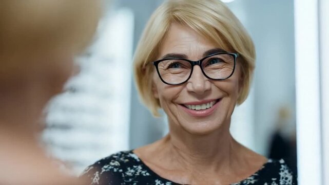 Elderly woman with glasses smiling indoors, showcasing confidence and warmth, capturing a moment of joy and self-reflection in everyday life