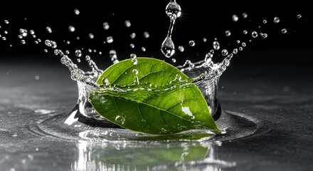 Water Splash Reveals Green Leaf Amidst Droplets Creating An Elegant Display of Nature