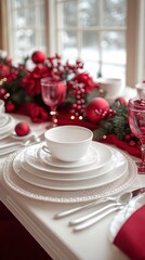 Elegant Christmas table setting in white and red
