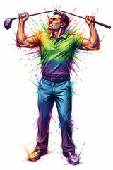 Isolated Rainbow Sports - Vibrant Ink Splatter Captures Male Golfer's Exasperated Moment Of Ultimate Sport Frustration